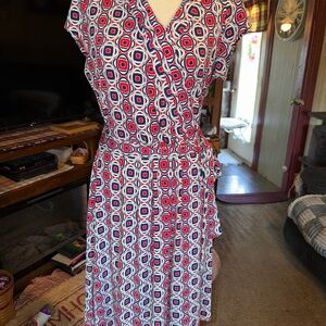 Liz Claiborne Red, Navy & White Geometric Wrap Midi Dress